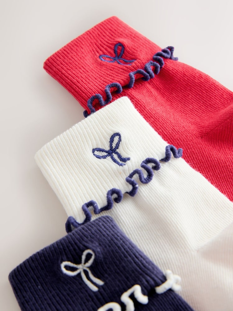 Red/Navy Blue and White Cotton Rich Turnover Embroidered Bow Ankle Socks 3 Pack - Image 2 of 3 Red/Navy Blue and White Cotton Rich Turnover Embroidered Bow Ankle Socks 3 Pack - Image 2 of 3