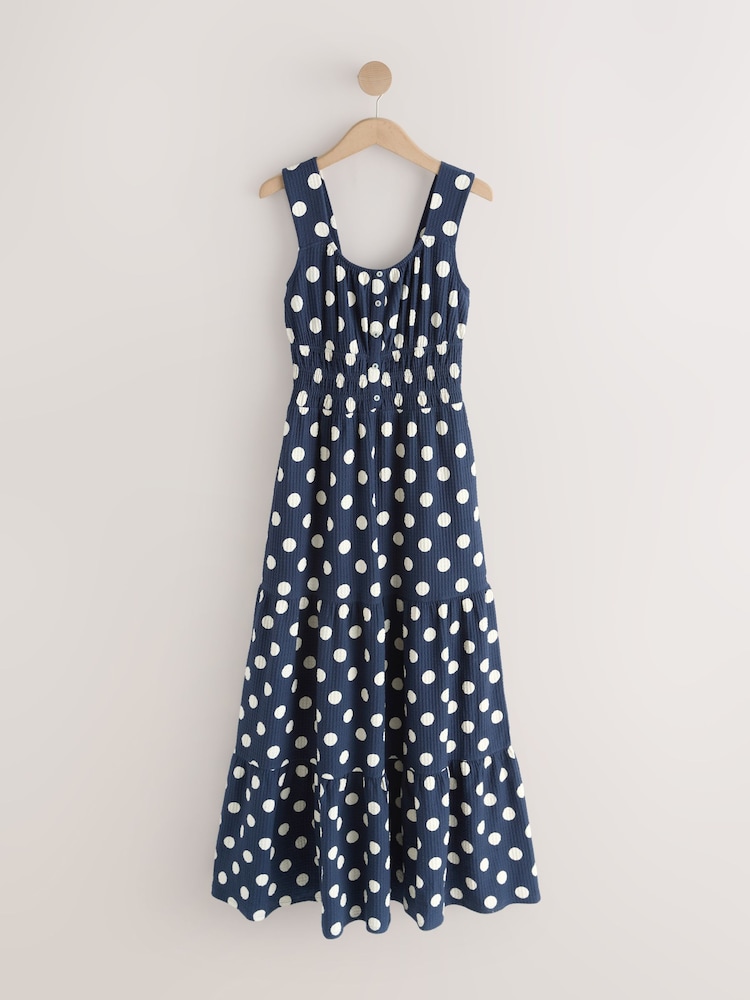 Navy Blue Polka Dot Sleeveless Textured Jersey Midi Summer Dress - Image 1 of 3 Navy Blue Polka Dot Sleeveless Textured Jersey Midi Summer Dress - Image 1 of 3