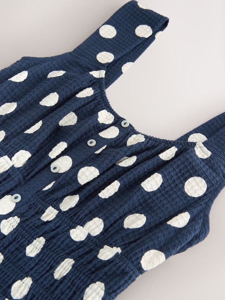 Navy Blue Polka Dot Sleeveless Textured Jersey Midi Summer Dress - Image 2 of 3 Navy Blue Polka Dot Sleeveless Textured Jersey Midi Summer Dress - Image 2 of 3