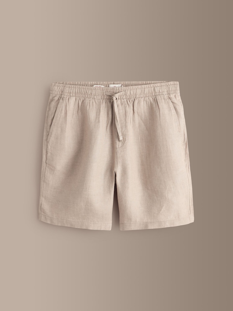 ニュートラル - 100% Linen Drawstring Waist Shorts - 画像 1 / 5