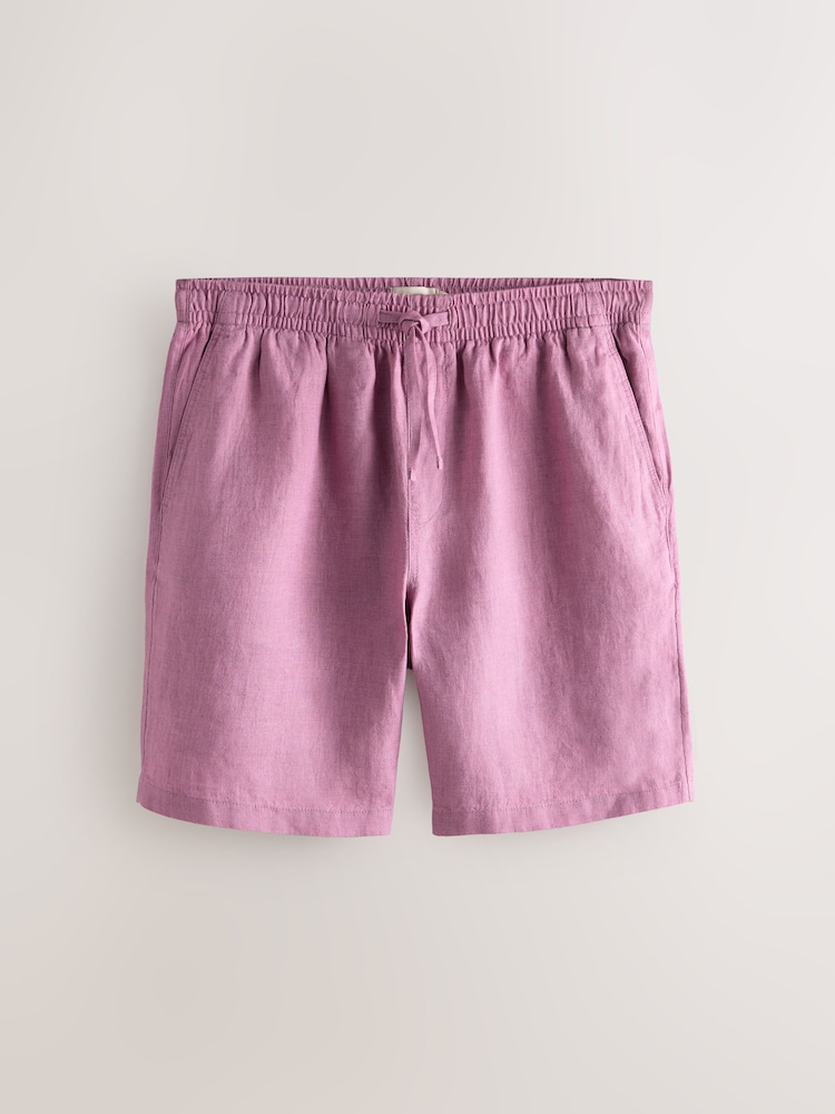 ピンク - 100% Linen Drawstring Waist Shorts - 画像 1 / 3