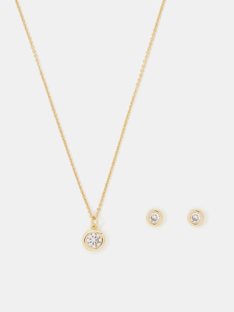Accessorize Gold Tone 14ct Plated Diamante Pendant Necklace & Stud Earrings Set - Image 2 of 2 Accessorize Gold Tone 14ct Plated Diamante Pendant Necklace & Stud Earrings Set - Image 2 of 2