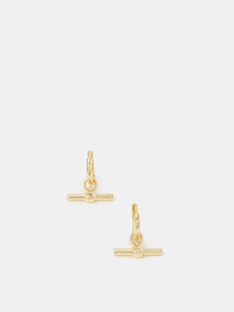 Accessorize Gold 14ct Plated T-Bar Hoop Earrings - Image 2 of 2 Accessorize Gold 14ct Plated T-Bar Hoop Earrings - Image 2 of 2
