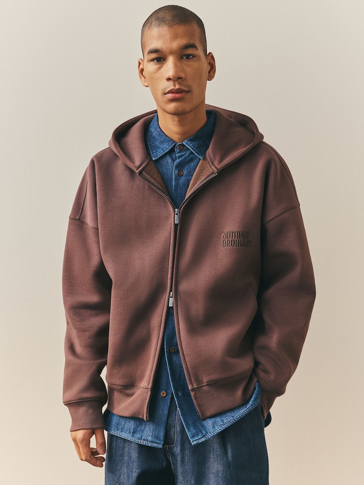 Nothing Ordinary Chocolate Brown Embroidered Heavyweight Zip Hoodie - Image 1 of 6