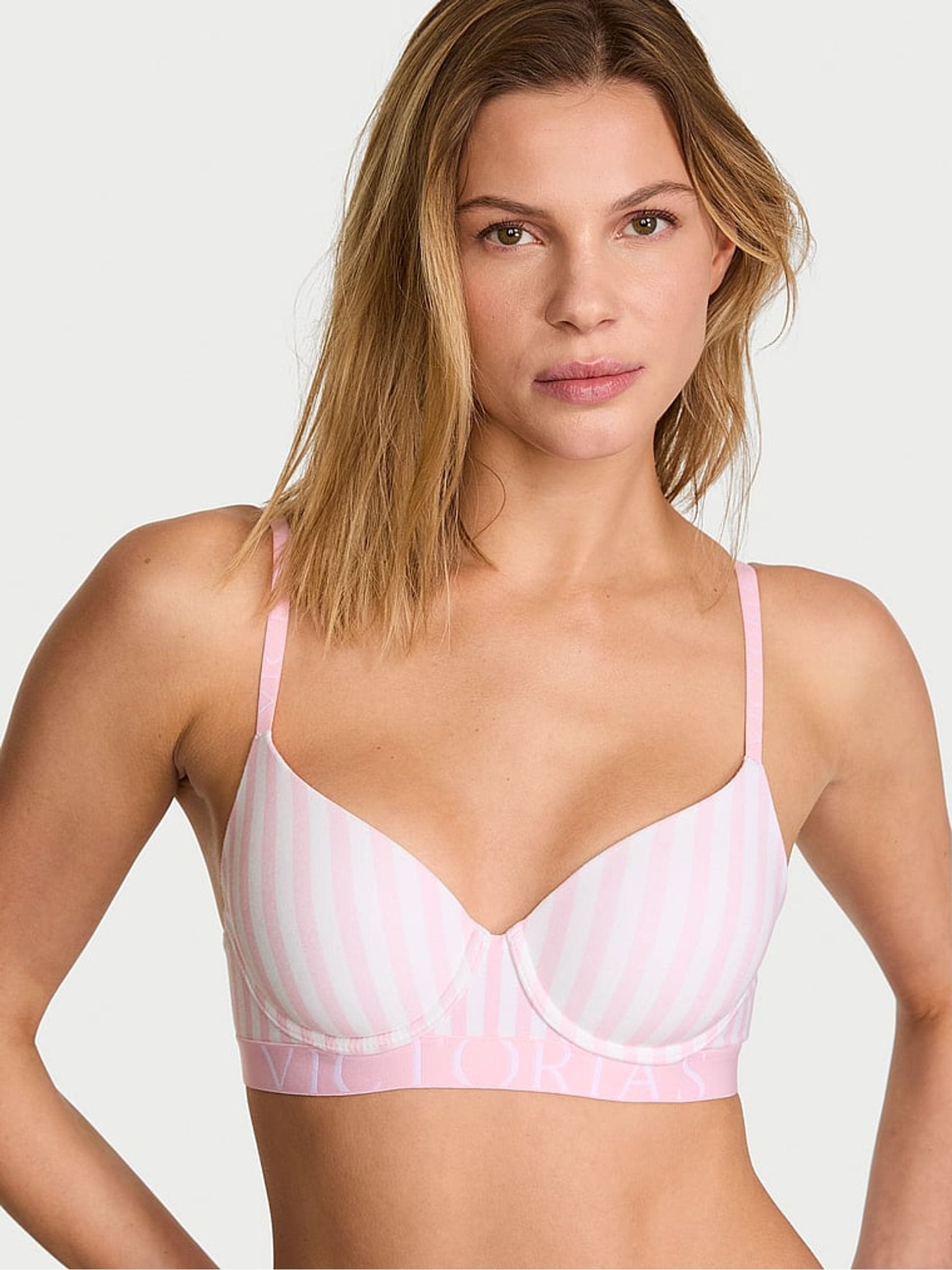 Victoria's Secret Pretty Blossom Pink Stripes Lightly Lined Demi Cotton Exploded Logo Bra