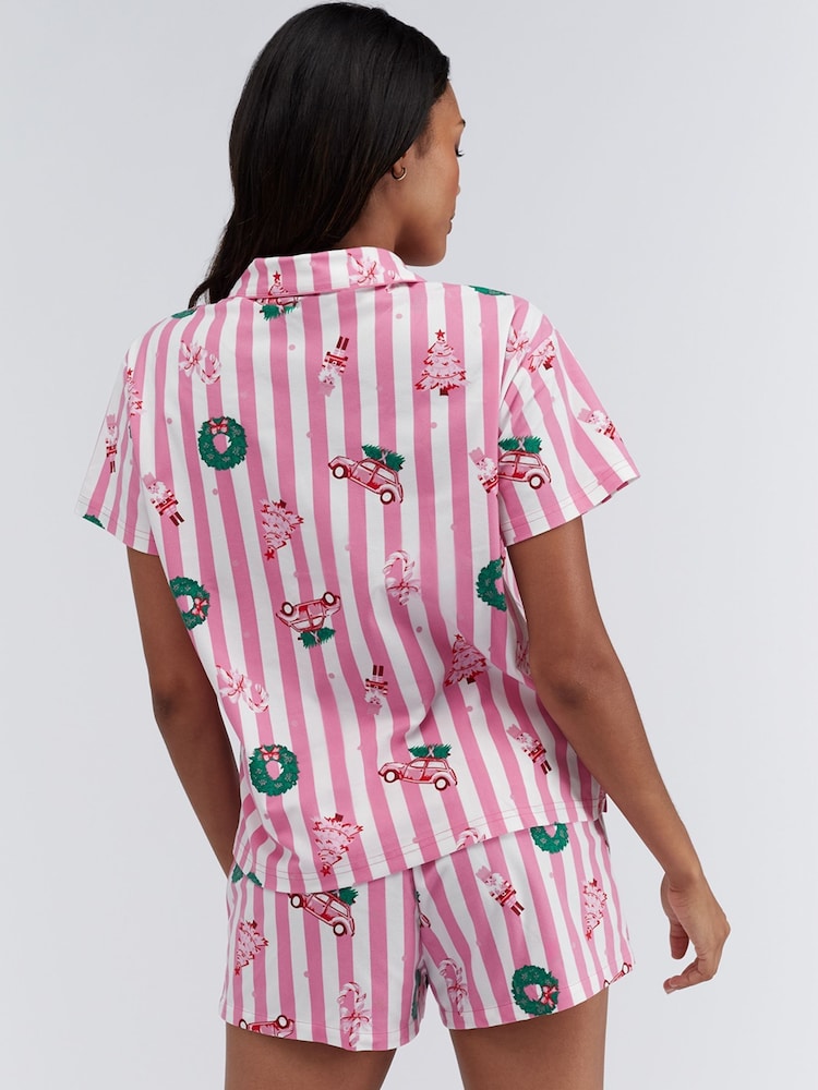 Candy Pink - Boux Avenue Stripe Christmas Shortie Pyjamas - Slika 2 iz 8
