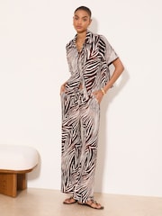 Lipsy Chocolate Brown Zebra Print Petite Crinkle Wide Leg Trousers - Image 1 of 4