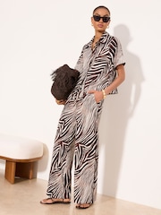 Lipsy Chocolate Brown Zebra Print Petite Crinkle Wide Leg Trousers - Image 2 of 4