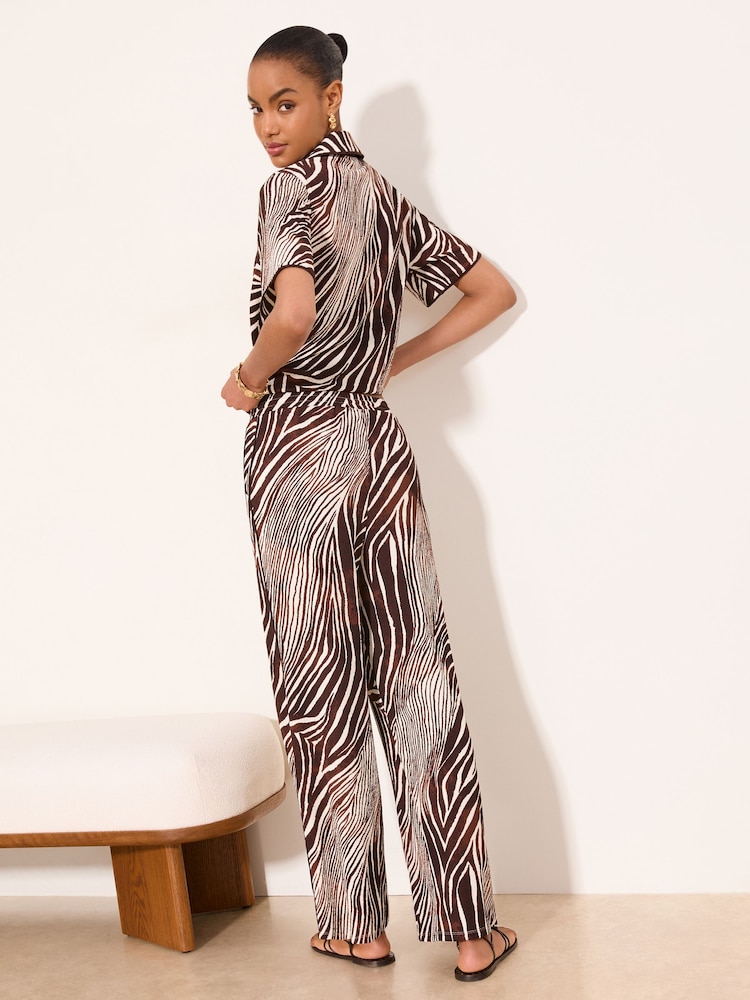 Lipsy Chocolate Brown Zebra Print Petite Crinkle Wide Leg Trousers - Image 4 of 4