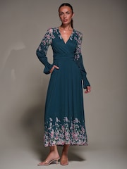 Jolie Moi Blue Mirrored Print Long Sleeve Mesh Maxi Dress - Image 1 of 6