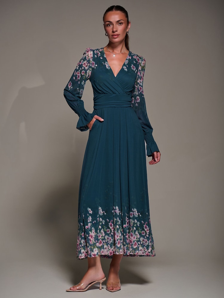 Jolie Moi Blue Mirrored Print Long Sleeve Mesh Maxi Dress - Image 1 of 6