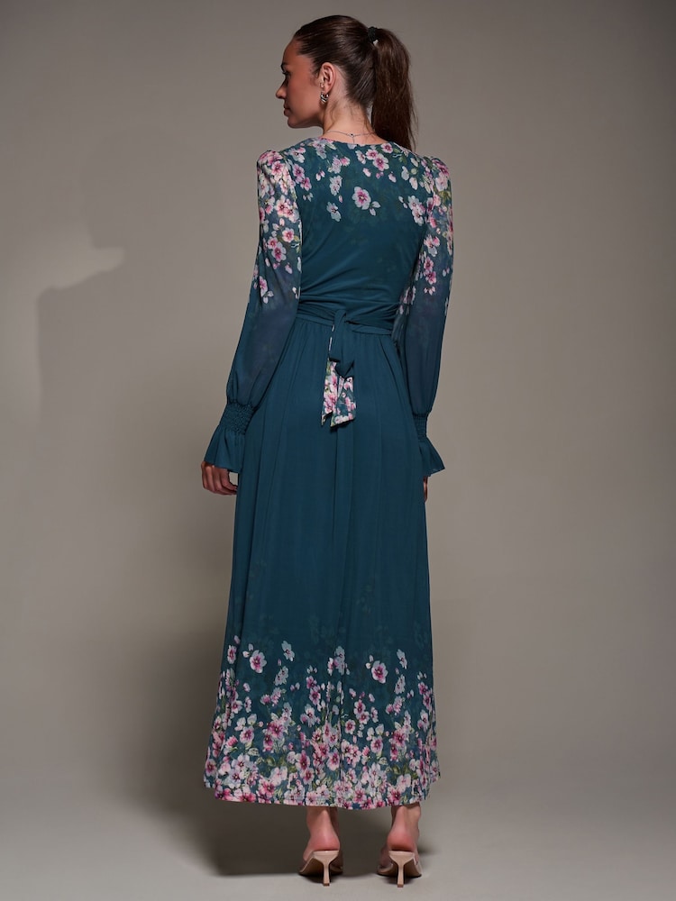 Jolie Moi Blue Mirrored Print Long Sleeve Mesh Maxi Dress - Image 2 of 6