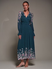 Jolie Moi Blue Mirrored Print Long Sleeve Mesh Maxi Dress - Image 4 of 6