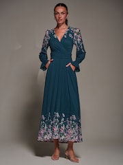 Jolie Moi Blue Mirrored Print Long Sleeve Mesh Maxi Dress - Image 6 of 6