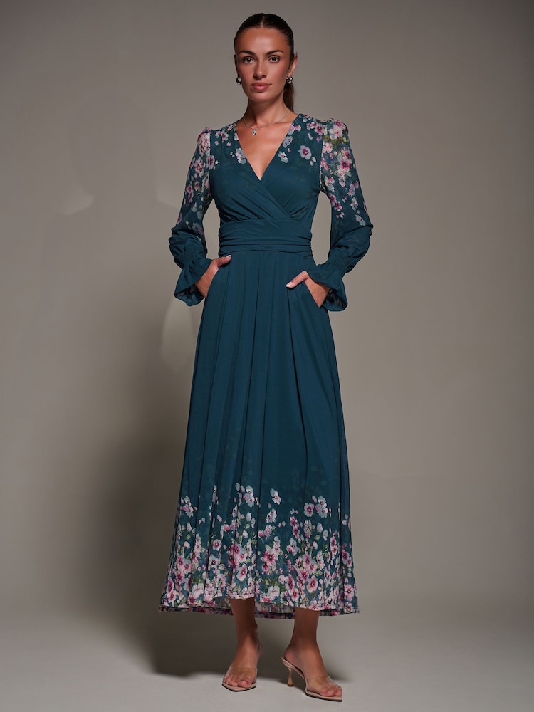 Jolie Moi Blue Mirrored Print Long Sleeve Mesh Maxi Dress - Image 6 of 6
