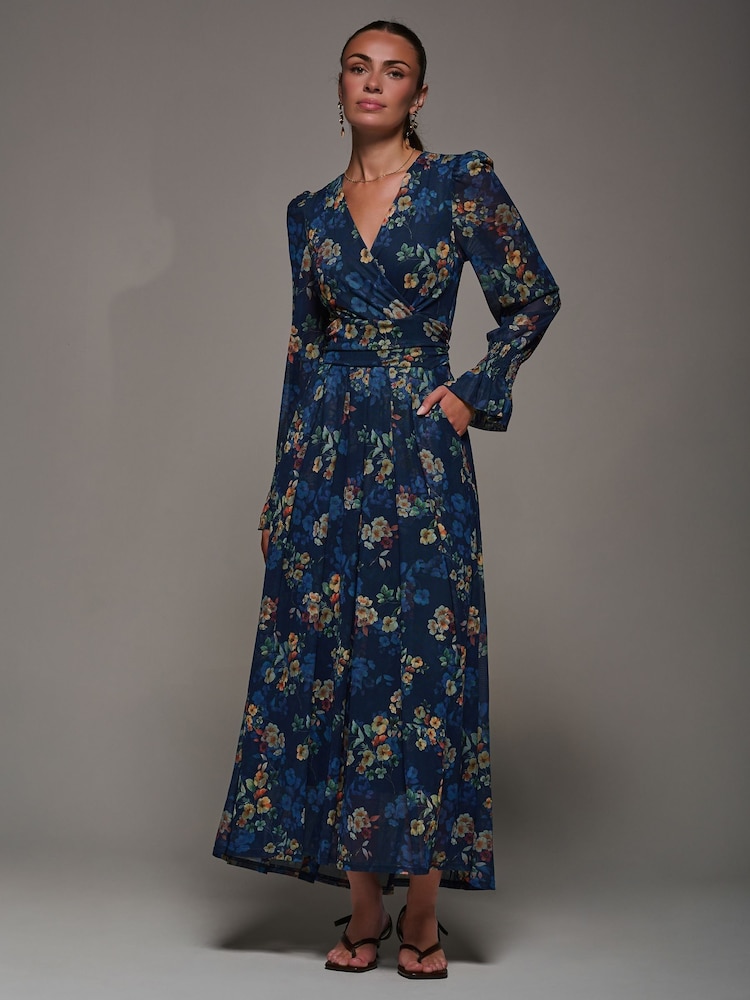 Jolie Moi Blue Long Sleeve Mesh Maxi Dress - Image 1 of 6