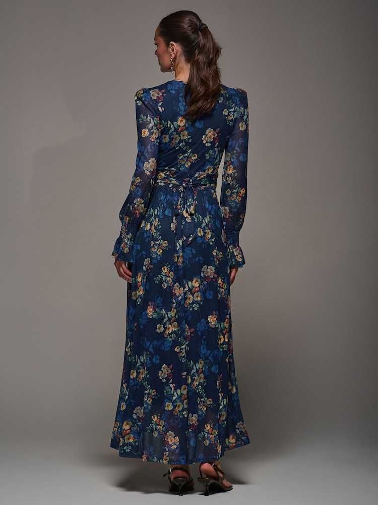 Jolie Moi Blue Long Sleeve Mesh Maxi Dress - Image 2 of 6