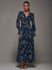 Jolie Moi Blue Long Sleeve Mesh Maxi Dress - Image 4 of 6