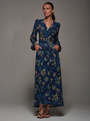 Jolie Moi Blue Long Sleeve Mesh Maxi Dress - Image 5 of 6