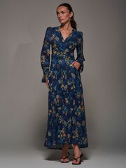 Jolie Moi Blue Long Sleeve Mesh Maxi Dress - Image 6 of 6