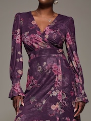 Jolie Moi Purple Long Sleeve Frill Hem Mesh Maxi Dress - Image 3 of 6