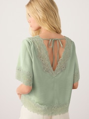 Szałwiowy - Satin V-Neck Lace Trim Top - Obraz 5 z 8