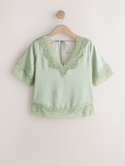 Szałwiowy - Satin V-Neck Lace Trim Top - Obraz 6 z 8