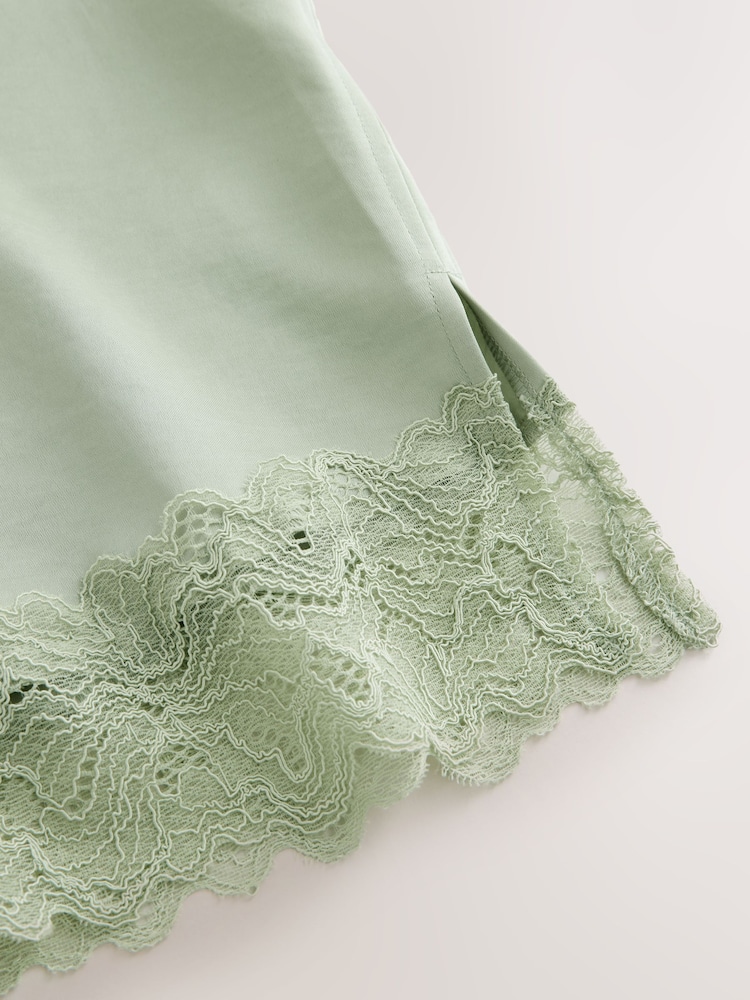 Szałwiowy - Satin V-Neck Lace Trim Top - Obraz 8 z 8