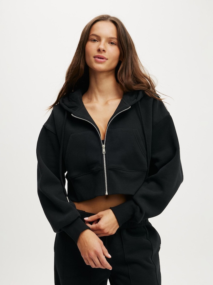 Cotton On Black Plush Boxy Cropped Zip Through Hoodie - Image 1 of 4