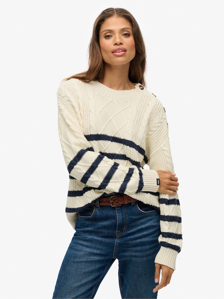 Superdry White Cable Crew Neck Jumper - Image 1 of 6