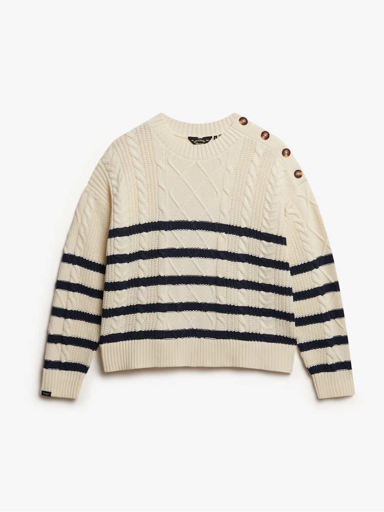 Superdry White Cable Crew Neck Jumper - Image 6 of 6