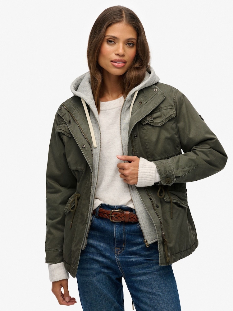 Superdry Green Jersey Hood Military Borg Jacket - Image 1 of 8 Superdry Green Jersey Hood Military Borg Jacket - Image 1 of 8