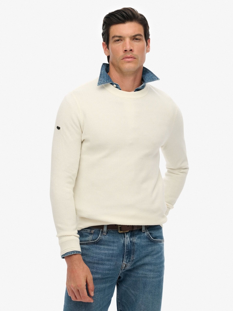 Superdry White Light Weight Cotton Texture Jumper - Image 1 of 6 Superdry White Light Weight Cotton Texture Jumper - Image 1 of 6