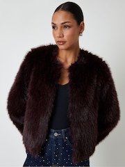 Threadbare Red Collarless Faux Fur Coat - Image 3 of 4