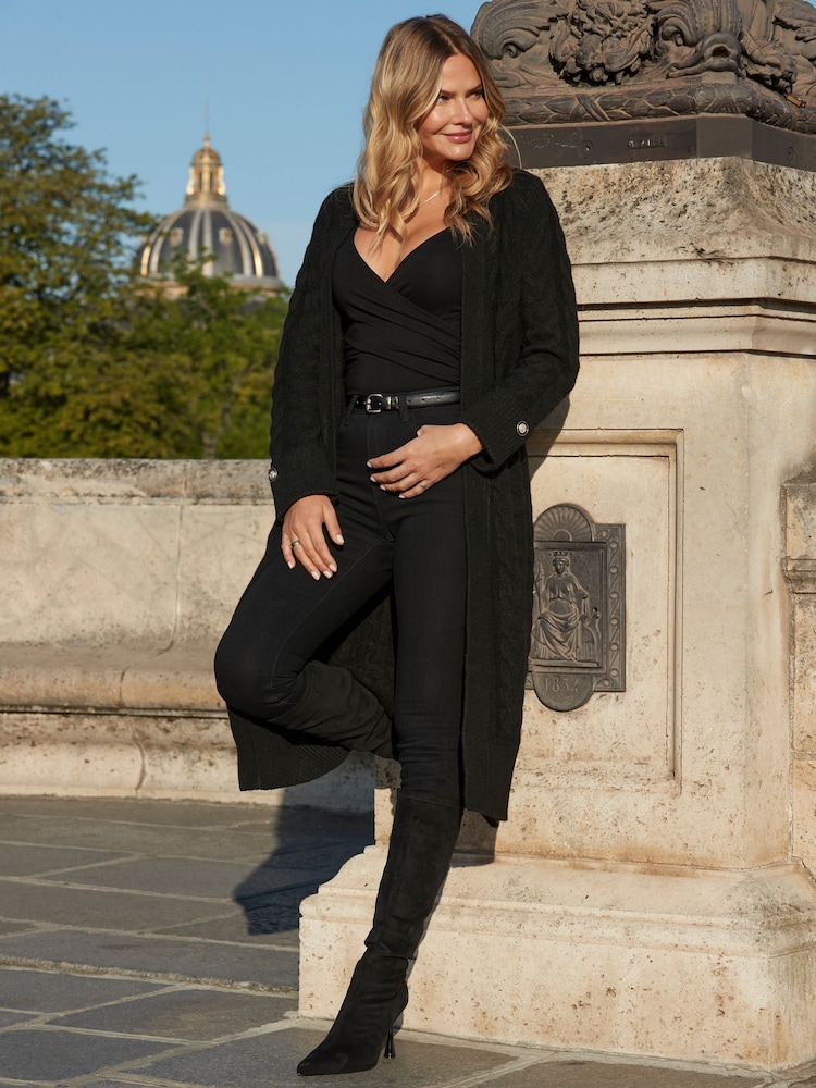 Sosandar Black Cable Knit Button Cuff Longline Cardigan - Image 1 of 5