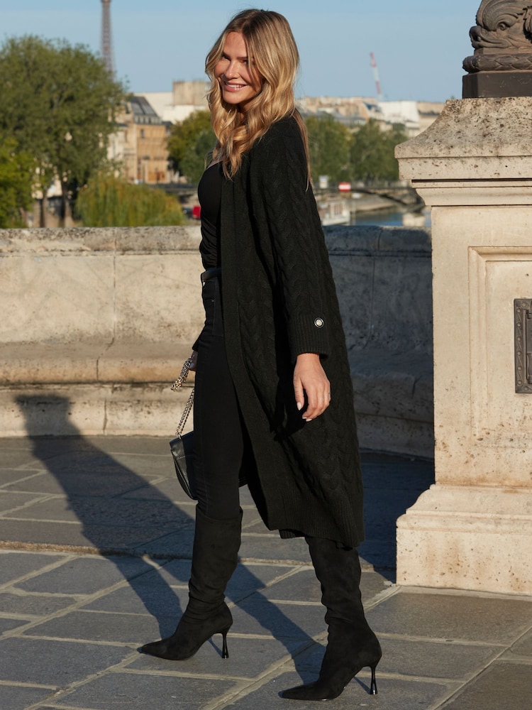 Sosandar Black Cable Knit Button Cuff Longline Cardigan - Image 2 of 5
