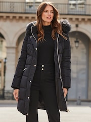 Sosandar Black Faux Fur Trim Padded Coat - Image 2 of 5