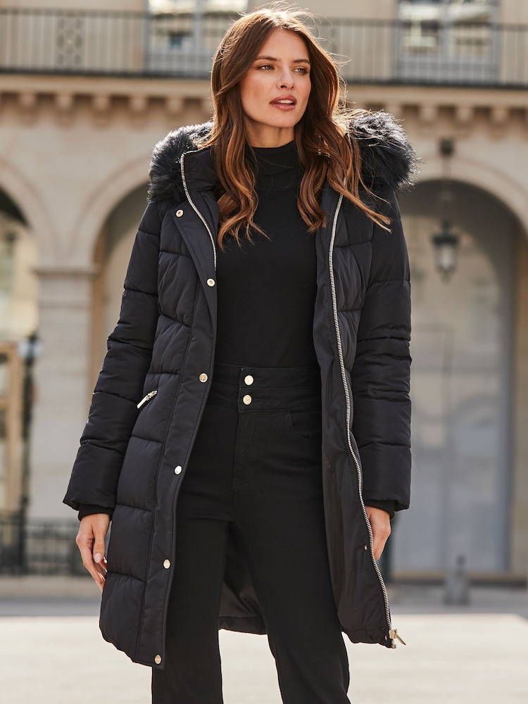 Sosandar Black Faux Fur Trim Padded Coat - Image 2 of 5