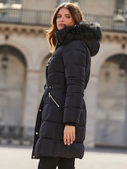 Sosandar Black Faux Fur Trim Padded Coat - Image 3 of 5