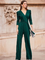 Sosandar Green Plisse Wrap Front Jumpsuit - Image 1 of 5
