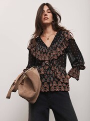 Mint Velvet Black Retro Print Ruffle Blouse - Image 1 of 8