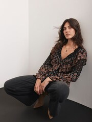 Mint Velvet Black Retro Print Ruffle Blouse - Image 2 of 8
