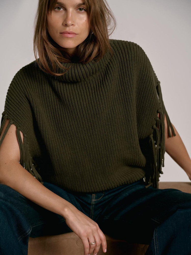 Mint Velvet Green Fringed Knit Poncho - Image 2 of 8