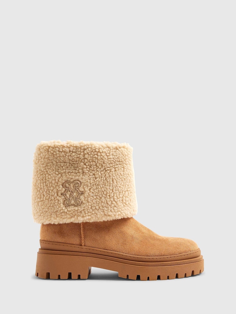 River Island Brown Embroidered Borg Cuff Boots - Image 1 of 5