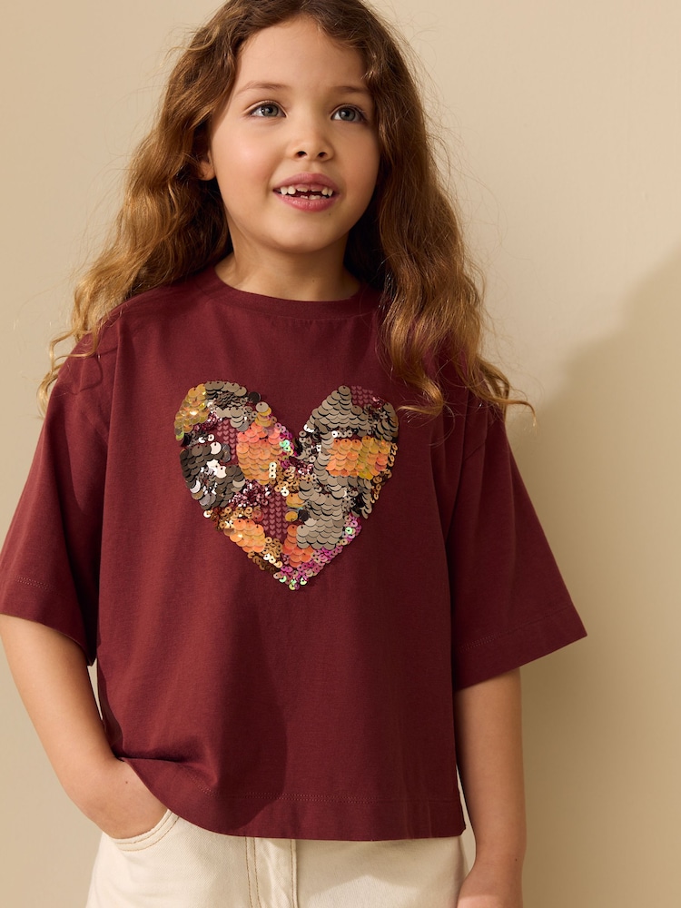 Chocolate Brown Sequin Heart T-Shirt (3-16yrs) - Image 1 of 9 Chocolate Brown Sequin Heart T-Shirt (3-16yrs) - Image 1 of 9