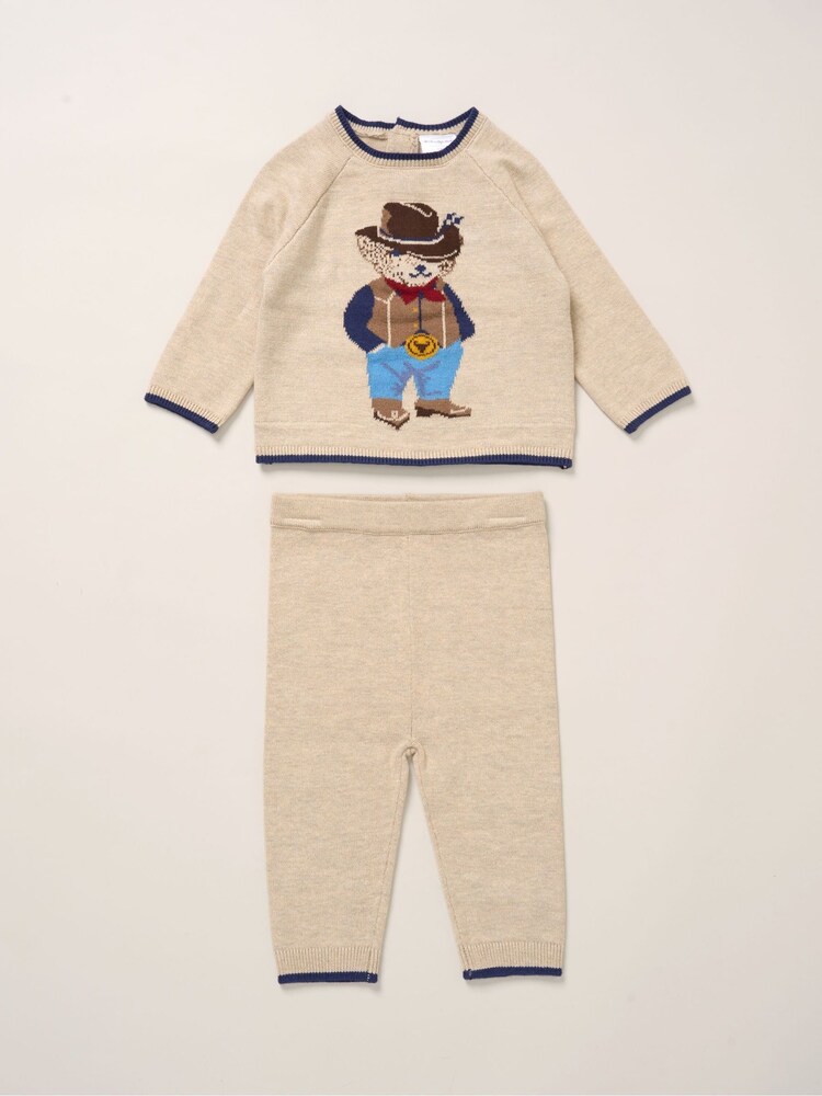 Rock-A-Bye Baby Boutique True Knit Cowboy Bear Jumper and Trousers Outfit Brown Set - Image 1 of 5