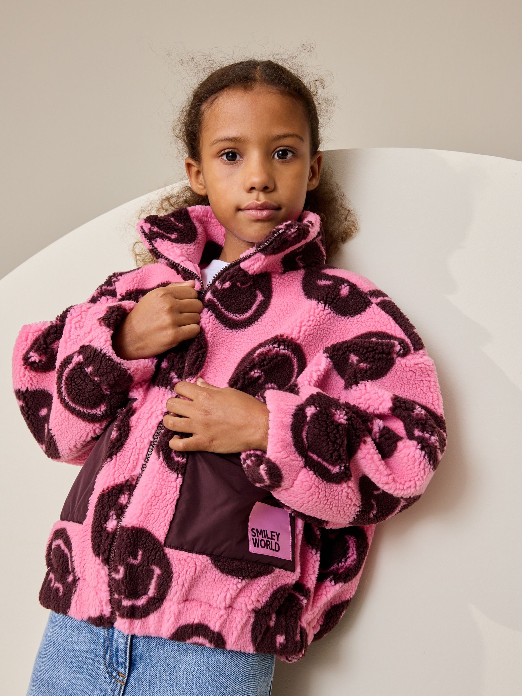 Buy Pink/Berry Smiley Zip Up Borg Jacket (3-16yrs) from Next