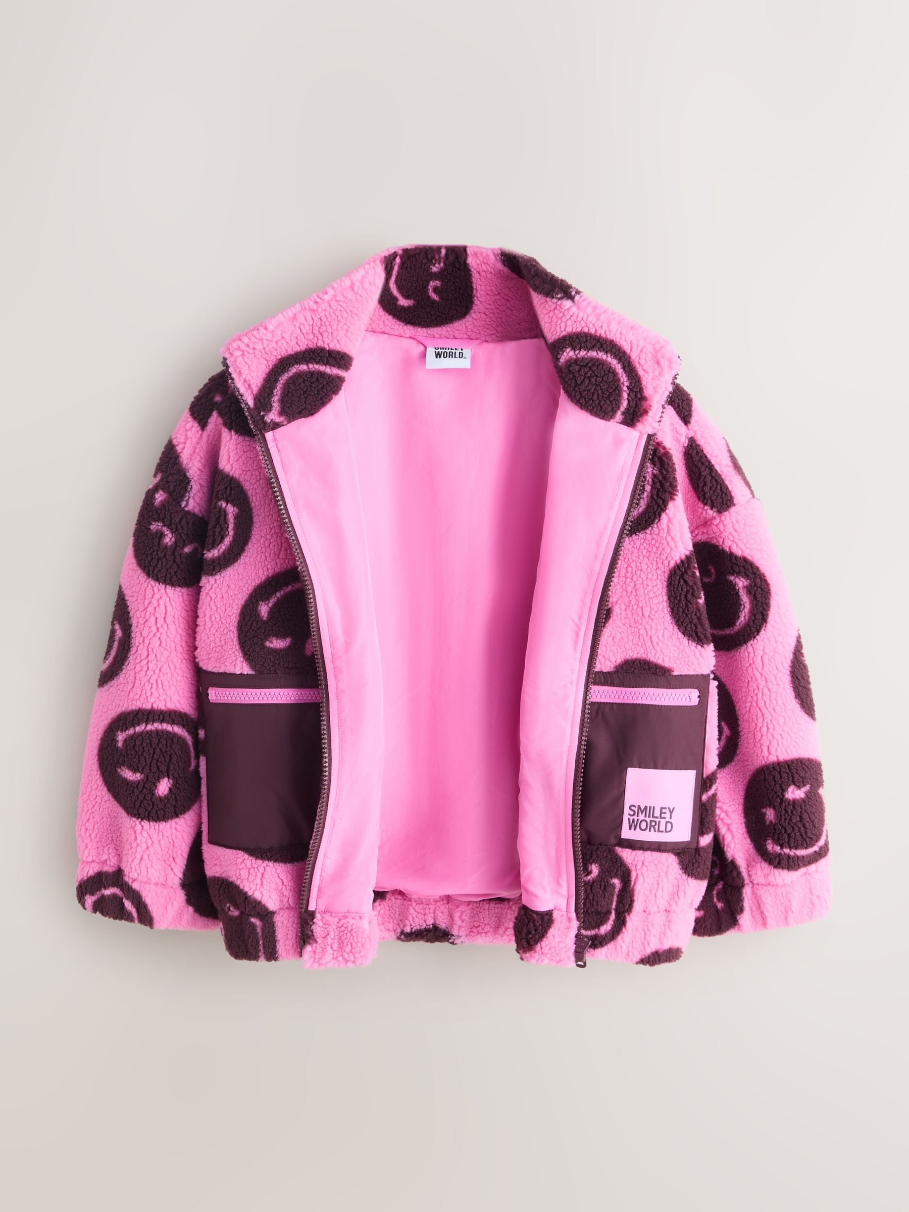 Buy Pink/Berry Smiley Zip Up Borg Jacket (3-16yrs) from the Next