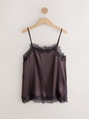 Chocolate Brown Side Split Lace Trim Cami Top - Image 1 of 3