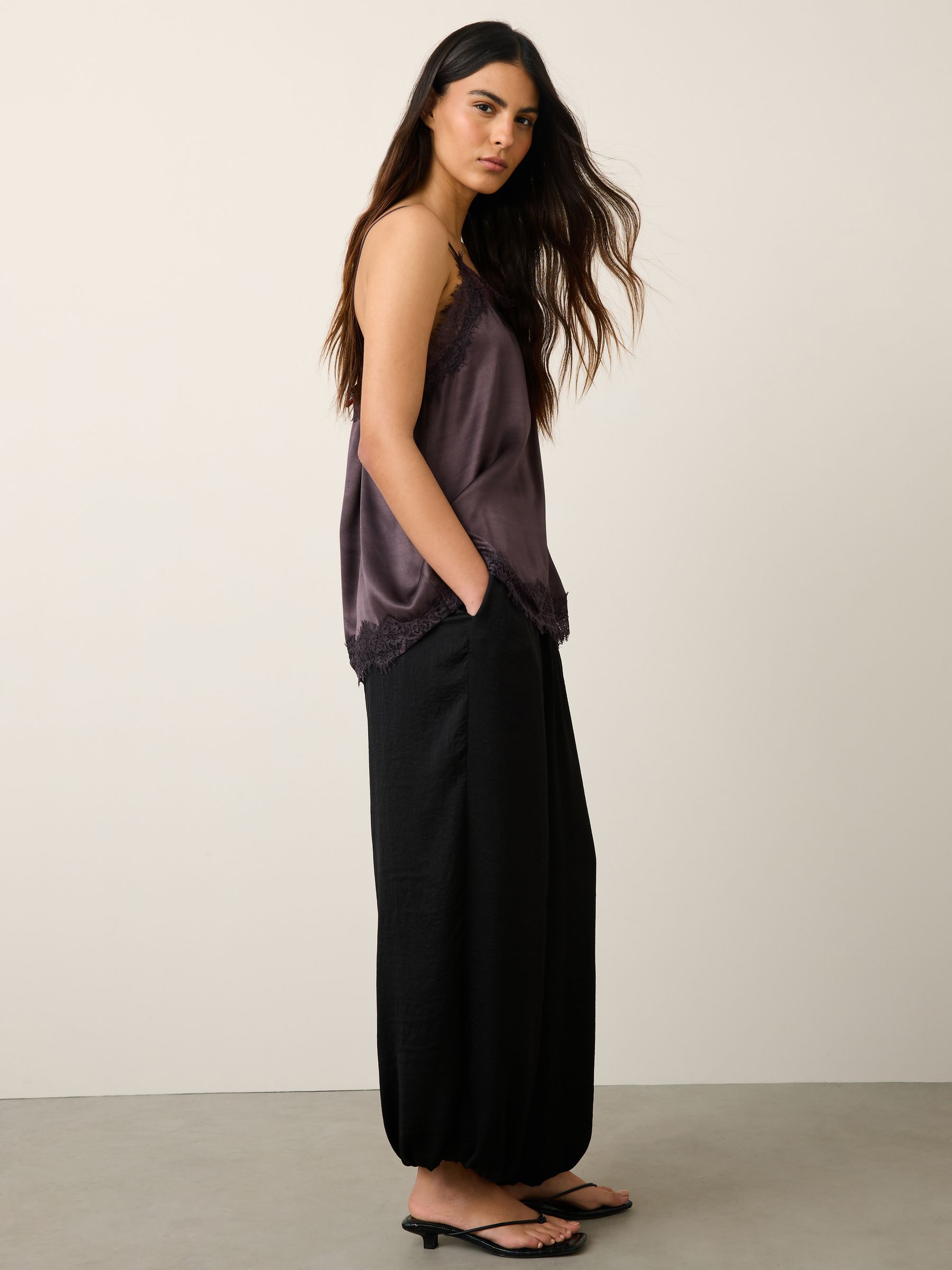 Buy Chocolate Brown Side Split Satin Lace Trim Cami Top from the